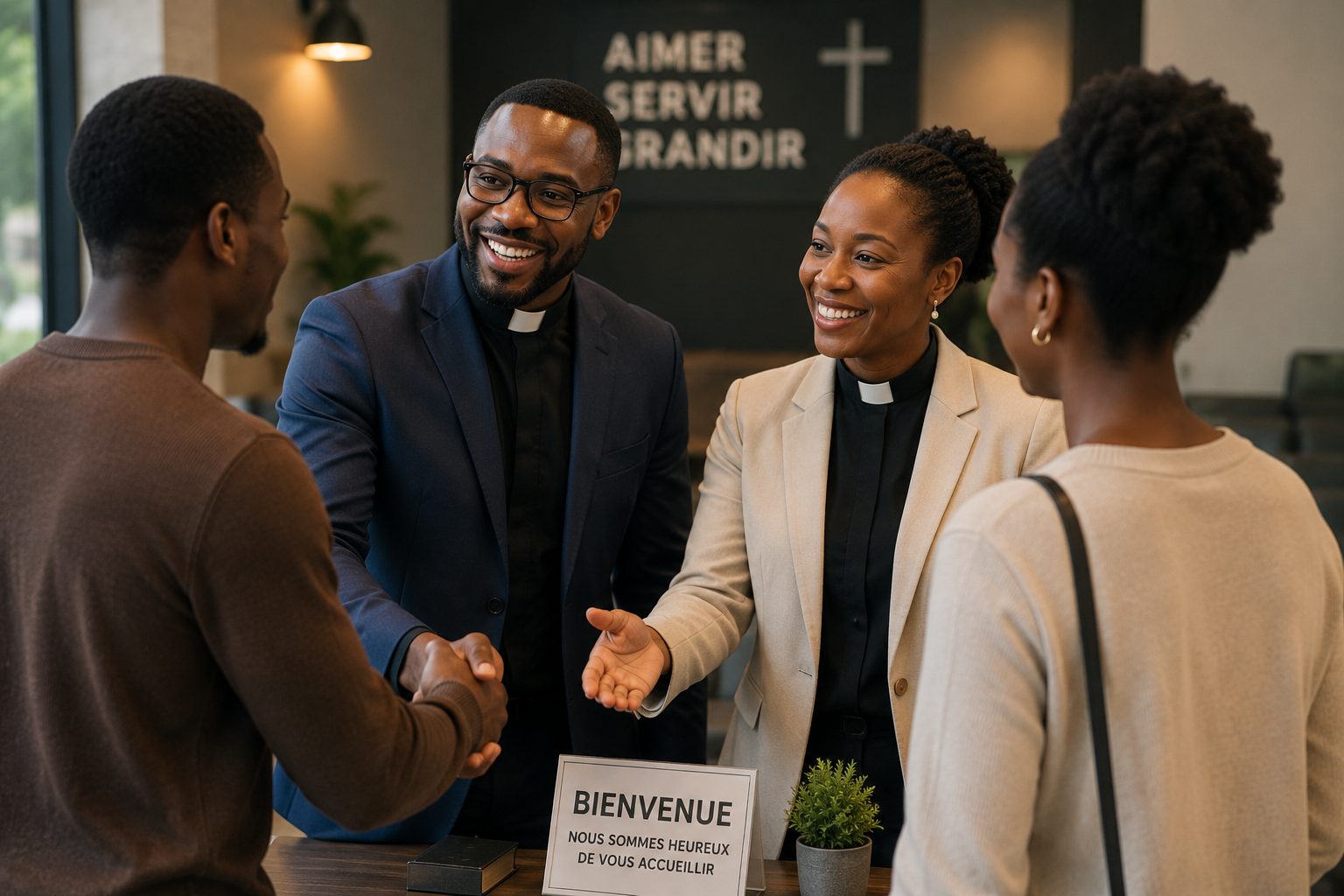 Un pasteur et une responsable accueillant chaleureusement de nouveaux visiteurs à l'entrée de l'église