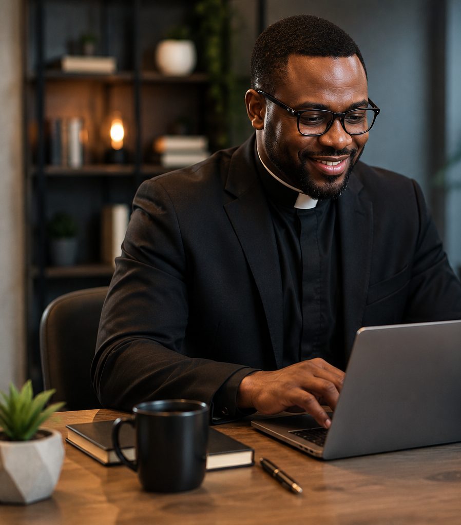 Un pasteur souriant utilisant PasteurConnect depuis son bureau